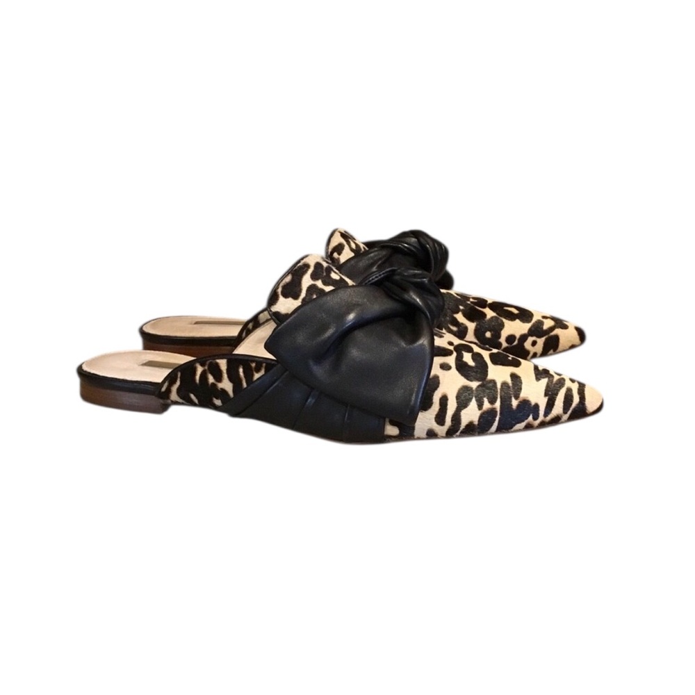 Louise et Cie Cela Calf Hair Leopard Print Leather Bow Mules